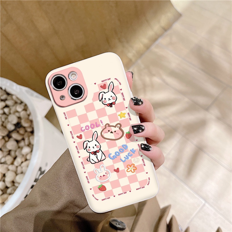 Ốp iphone cạnh vuông Thỏ trắng và gấu nền caro cho ip 6/8/7/plus/x/xr/xsmax/12 pro max/11pro max/13 pro max-nt014