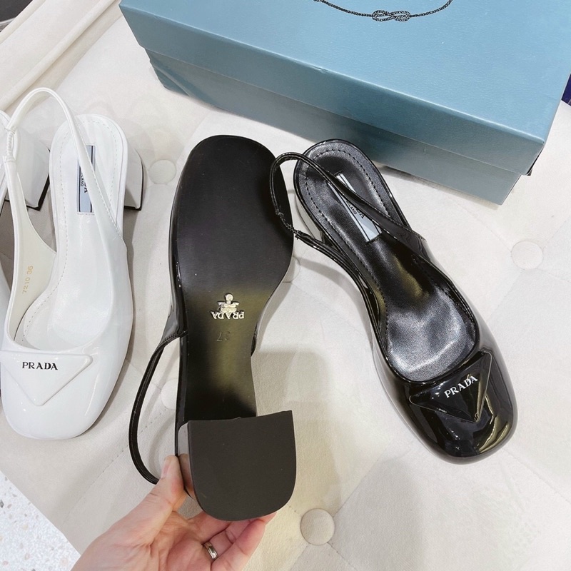 Giày gót thấp 3cm da bóng Prada