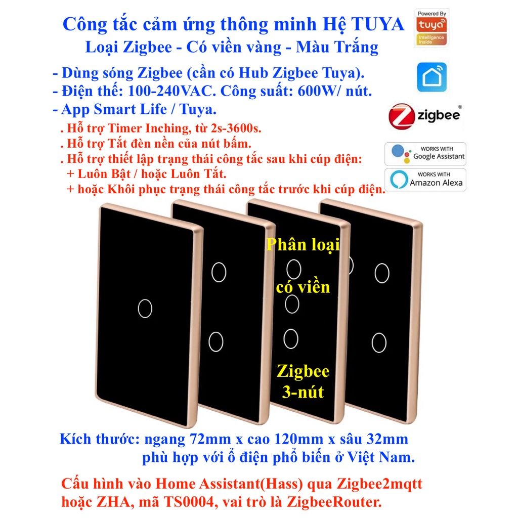 Công tắc thông minh Tuya, có viền, Zigbee, App Smart Life/ Tuya -