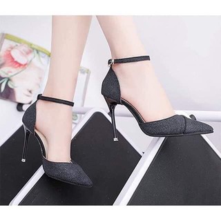 Giày cao gót nữ bít mũi bắt chéo nhũ kim tuyến