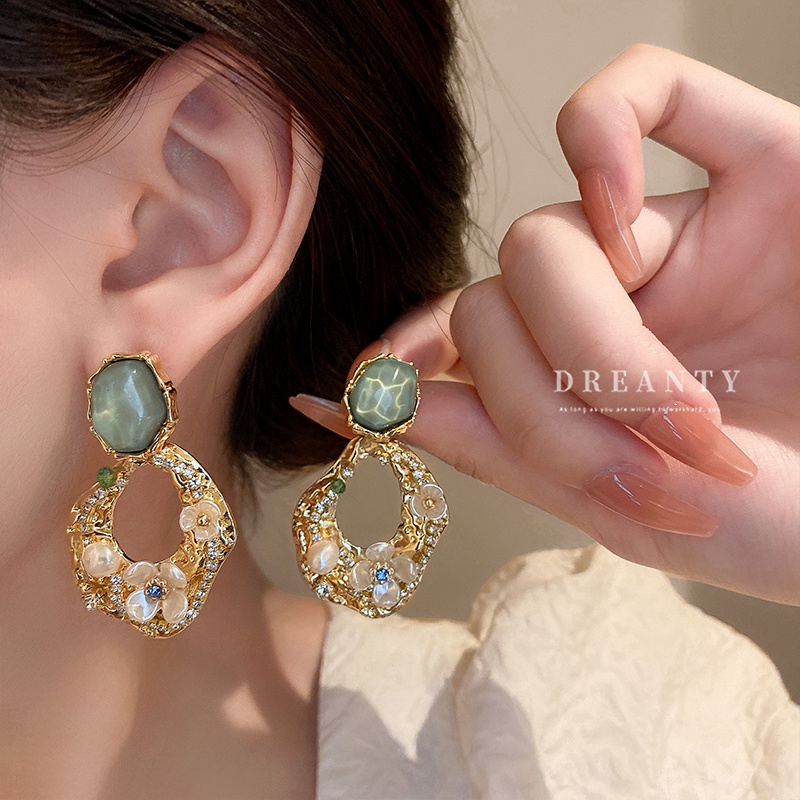 Bông Tai Xếp Li Bằng Bạc Họa Tiết Hoa Đính Ngọc Trai Thời Trang Phong Cách Âu Mỹ Cho Nữ