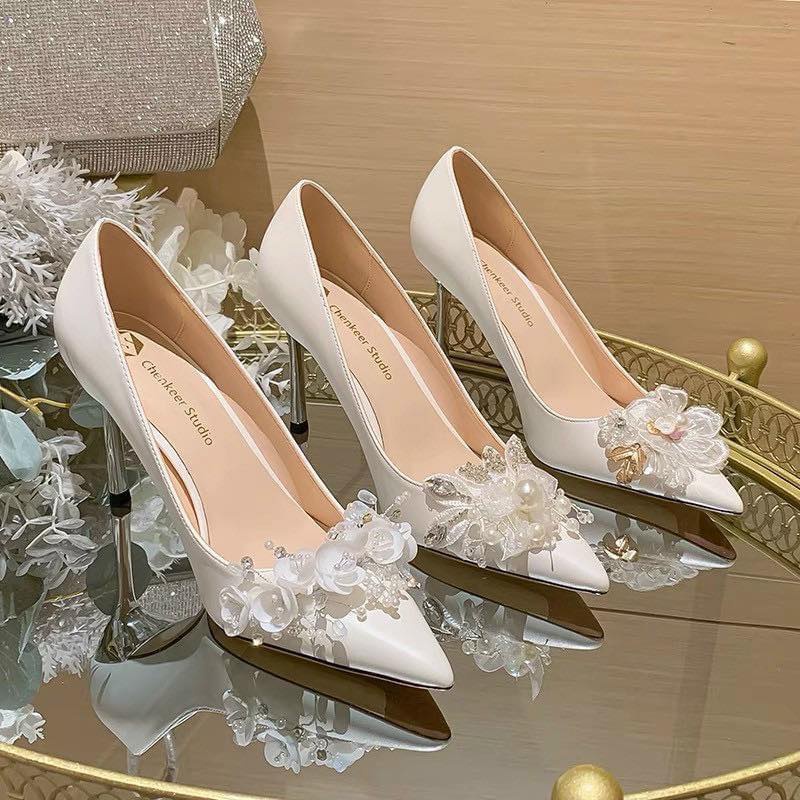 Giày Cưới - Giày Gót Nơ Hoạ Tiết 9p TQXK