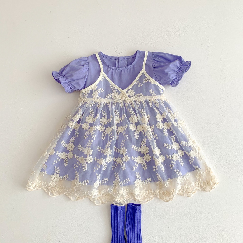 Đầm Tay Ngắn Phối Ren Màu Tím + 1 Đầm Trắng Thời Trang Mùa Hè Xinh Xắn Cho Bé Gái