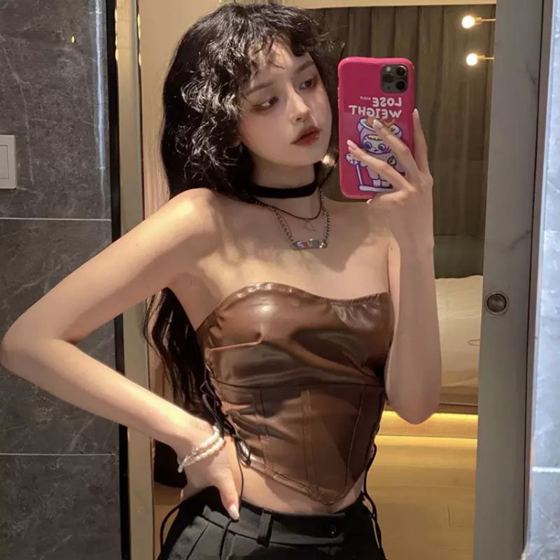 CORSET NÂU CHẤT DA HIPHOP / ÁO CROPTOP NỮ PHONG CÁCH EGIRLS SEXY / ÁO QUÂY CÚP NGƯC