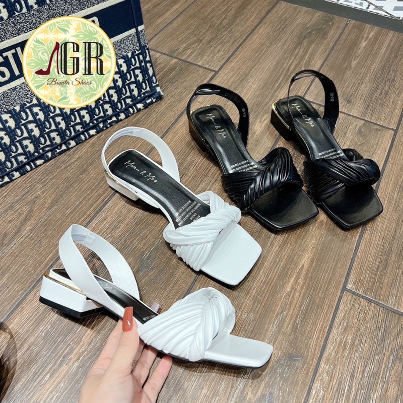 Sandal quai xoắn da hậu thun gót viền cao 2 cm