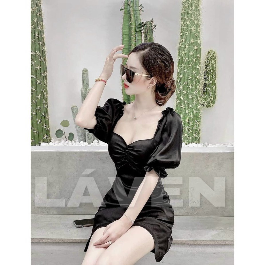 Đầm Ôm Body ĐÍnh Nút Tay Phồng Hở Lưng Siêu Xinh Quyến Rũ Chất Lụa Satin Mềm Mịn ( Có Mút Ngực )