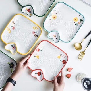 Đĩa sứ đựng trái cây hình vuông kèm theo khay chấm gia vị trái tim - Gốm Bơ Đ12