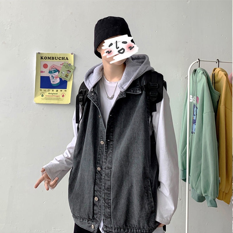 Áo Khoác Denim Không Tay Có Mũ Trùm Phong Cách Hàn Quốc Thời Trang Mùa Thu Dành Cho Nam