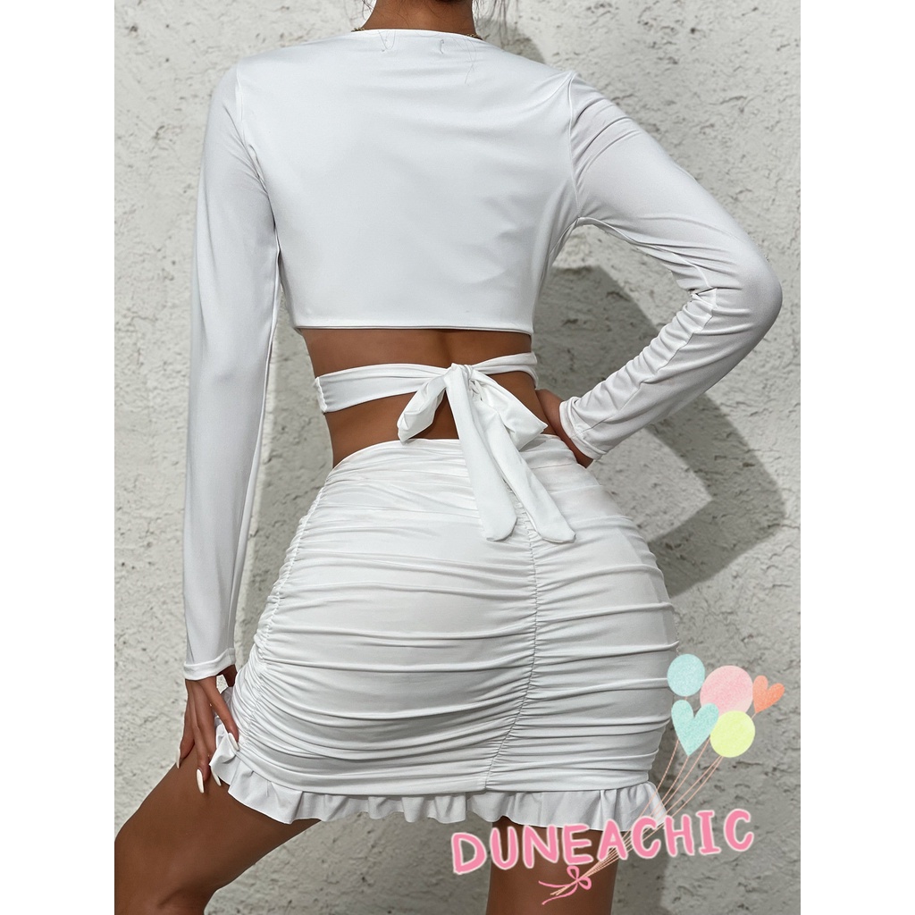 DUNEA Set Áo Croptop Cổ Chữ V + Chân Váy Bèo Nhún Quyến Rũ Cho Nữ