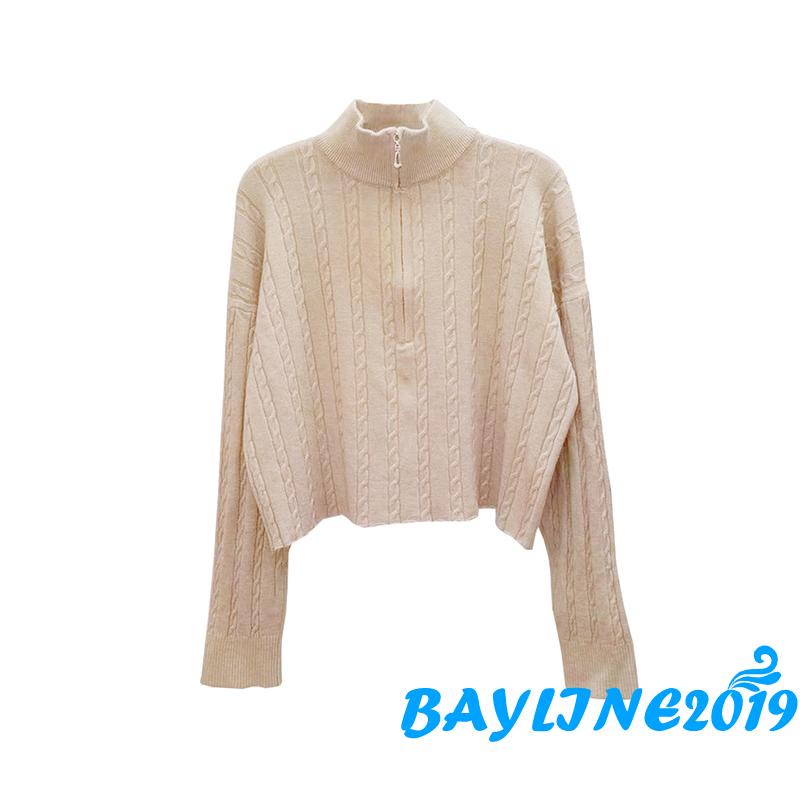 Áo len tay dài cổ cao màu trơn phối khóa kéo thời trang cho nữ