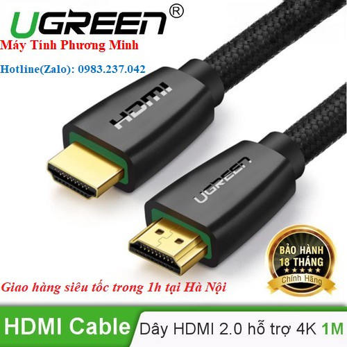 Freeship 50k_Dây cáp HDMI 1M Ugreen 40408 chuẩn 2.0 hỗ trợ 3D 4K_Bảo hành chính hãng 18 tháng