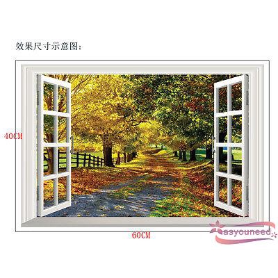 Decal dán tường hình khung cửa sổ 3D có rừng cây lá phong chất liệu PVC kích thước 40x60cm