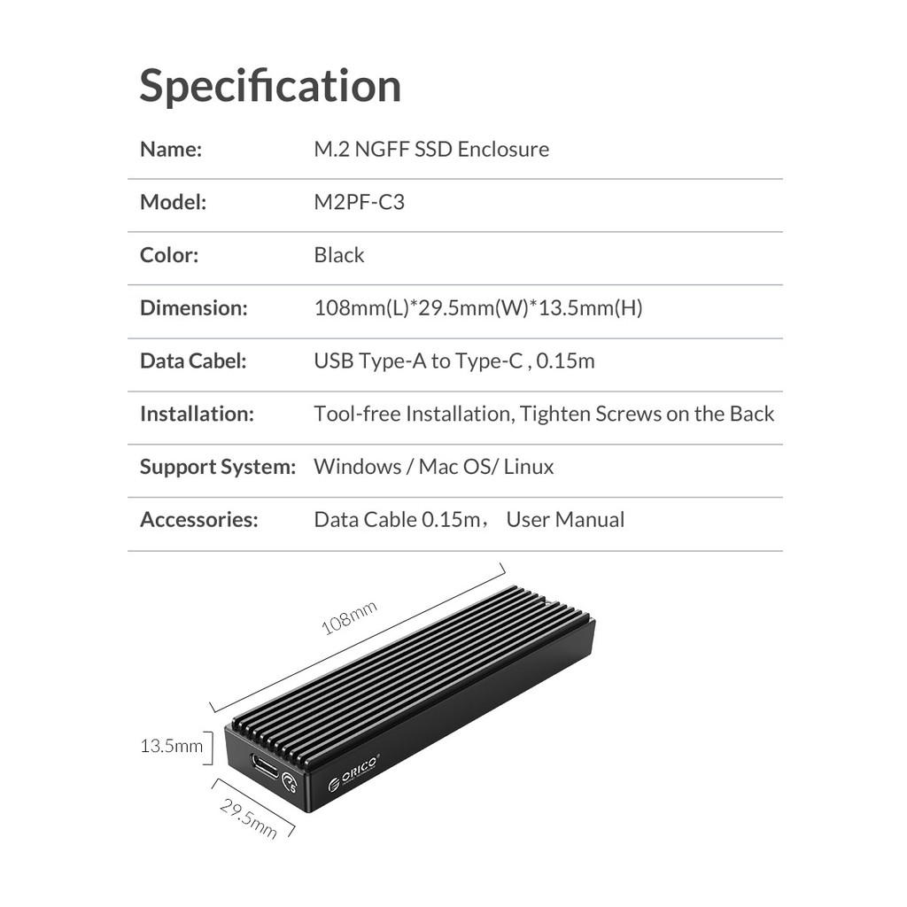 Hộp ổ cứng ORICO SSD ORICO M2PF-C3-BK NGFF M.2 Tốc độ 5Gbps - Hàng Chính Hãng