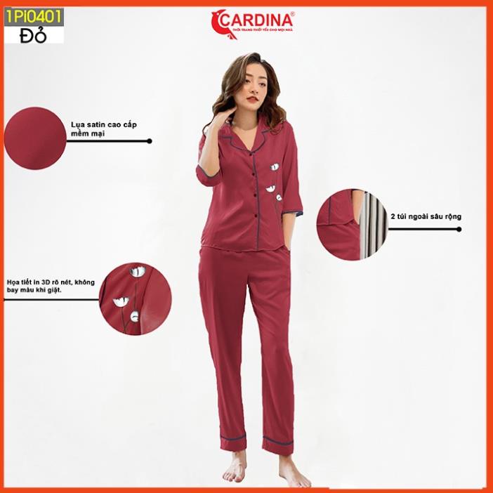 QSG Đồ bộ pijama nữ CARDINA chất lụa satin Nhật cao cấp quần dài áo tay lỡ hoạ tiết hoa tuylip nhẹ nhàng 1Pi04.