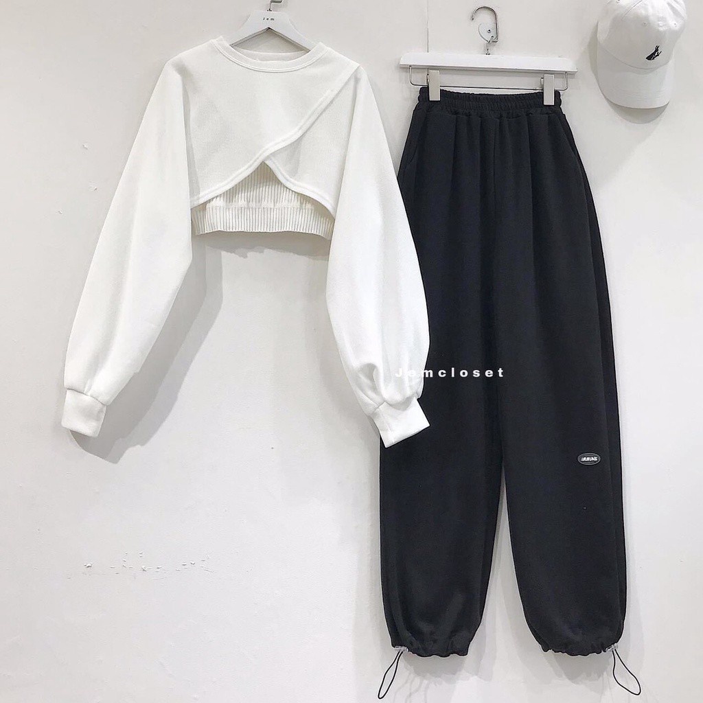 SQ011 Bộ ba món Áo quây ống và áo croptop crt dài tay trắng tay bo thêm quần Jogger ống rộng rút dây cute