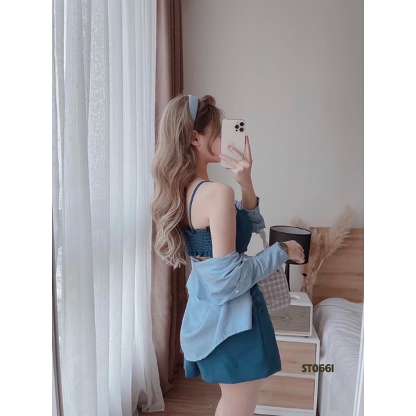 Set áo dây croptop quần short áo khoác sơ mi ngoài 3 món đi chơi, du lich đủ màu sắc