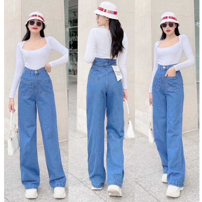 [VIDEO THẬT ]QUẦN JEANS ỐNG RỘNG NỮ LƯNG CAO 2 TÚI VUÔNG TRƯỚC MÀU XANH NHẠT XANH ĐẬM FORM DÀI RỘNG LAI CUỐN CAO CẤP UTI