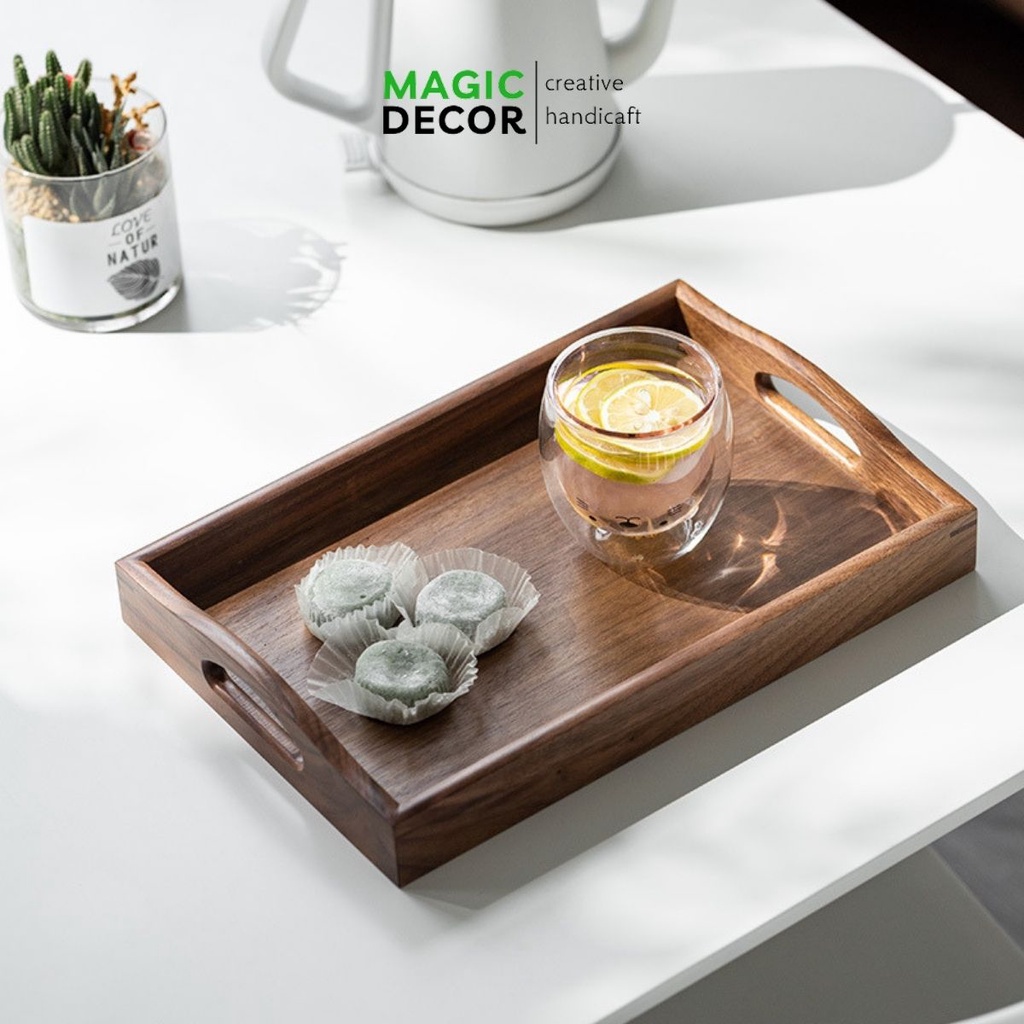 Khay trà, đựng đồ ăn, đựng ấm chén bằng gỗ óc chó cao cấp decor trang trí - MAGIC DECOR