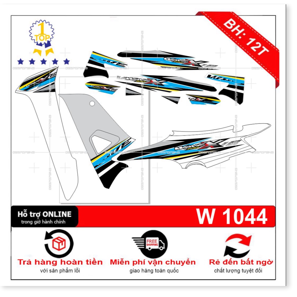 ( Quí khách vui lòng mang ra tiệm cho thợ dán ) Tem wave X 100 2016 trắng xanh