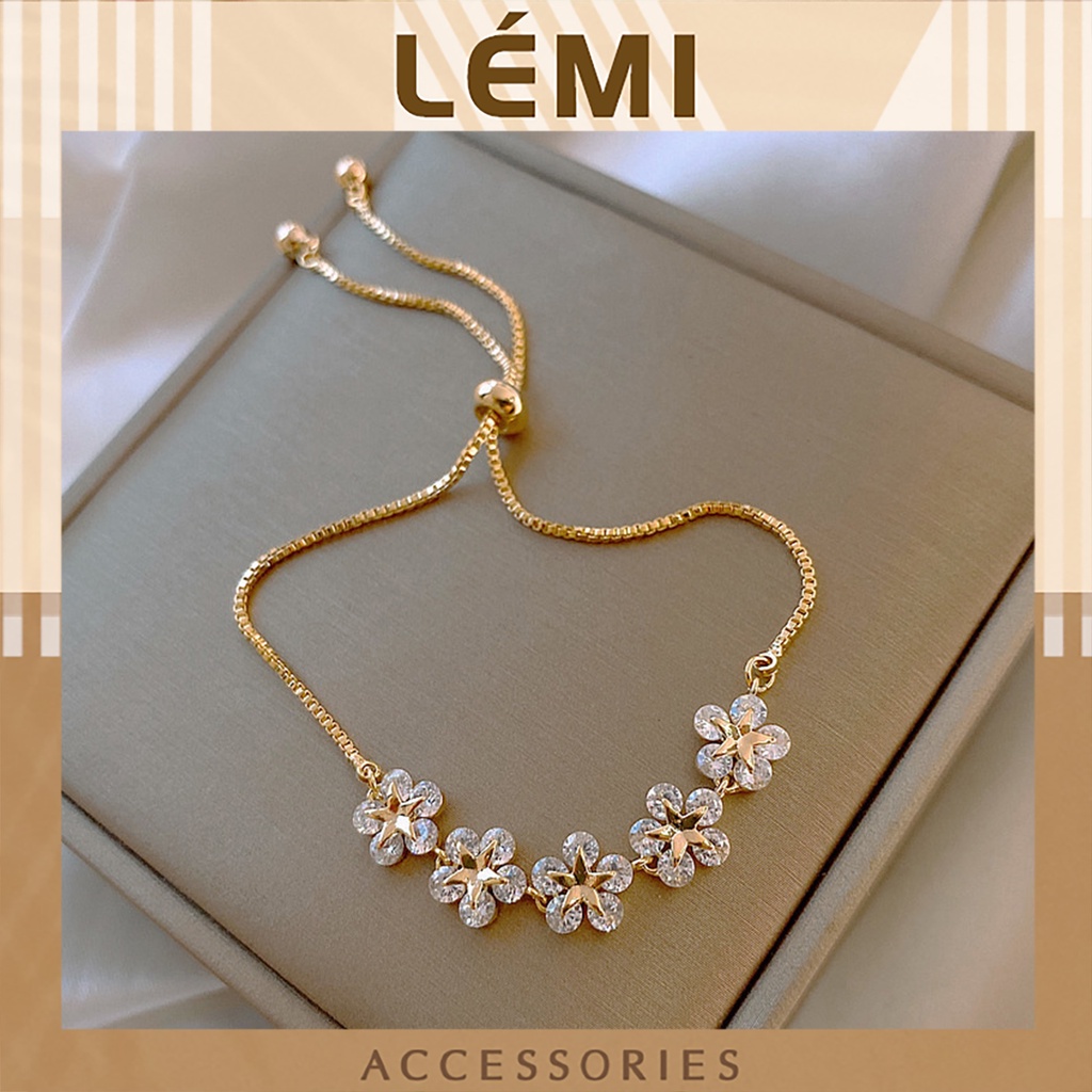 Vòng tay nữ titan lắc tay hoa mai đính đá Lémi bền màu có dây dút chỉnh kích thước tiện dụng Lémi accesories