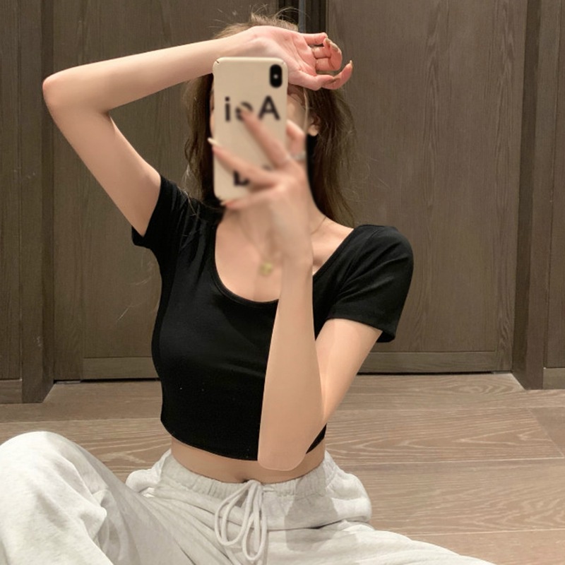 Áo Thun Lửng Tay Ngắn Cổ Vuông Thời Trang Tập Yoga Cho Nữ