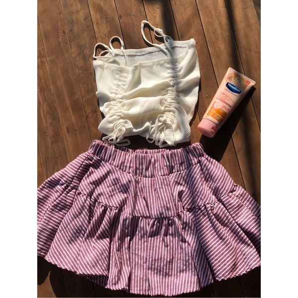 Chân váy xoè lolita hai tầng kẻ sọc lưng thun có quần bảo hộ xinh xắn