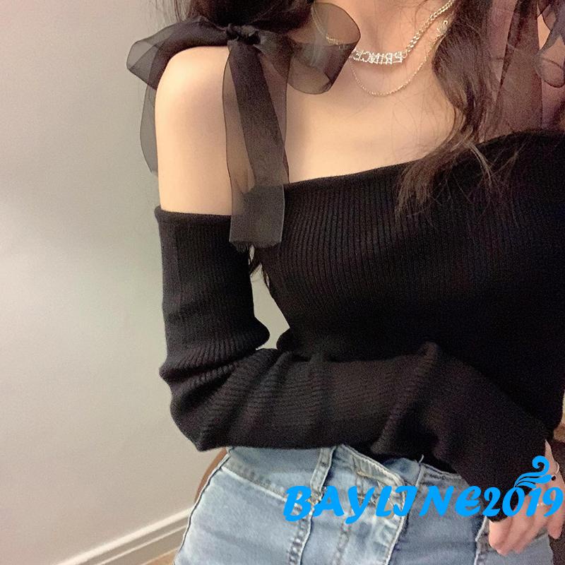 Bay-Women Trendy Crop Tops, Solid Color Ribbed Off-Shoulder Long Sleeve Blouse with Tied Shoulder Strap for Ladies, Black