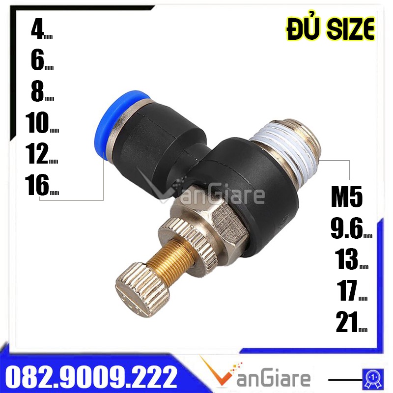 Van tiết lưu khí nén SL cho ống 4mm 6mm 8mm 10mm 12mm 16mm, van chỉnh lưu hơi ren ngoài nối ống