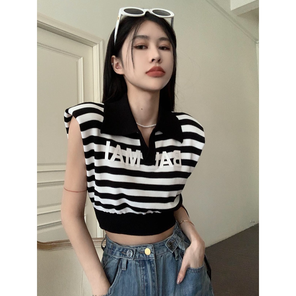 Áo POLO Dệt Kim Trễ Vai Kẻ Sọc Ôm Dáng Thời Trang Hàn Quốc Cho Nữ