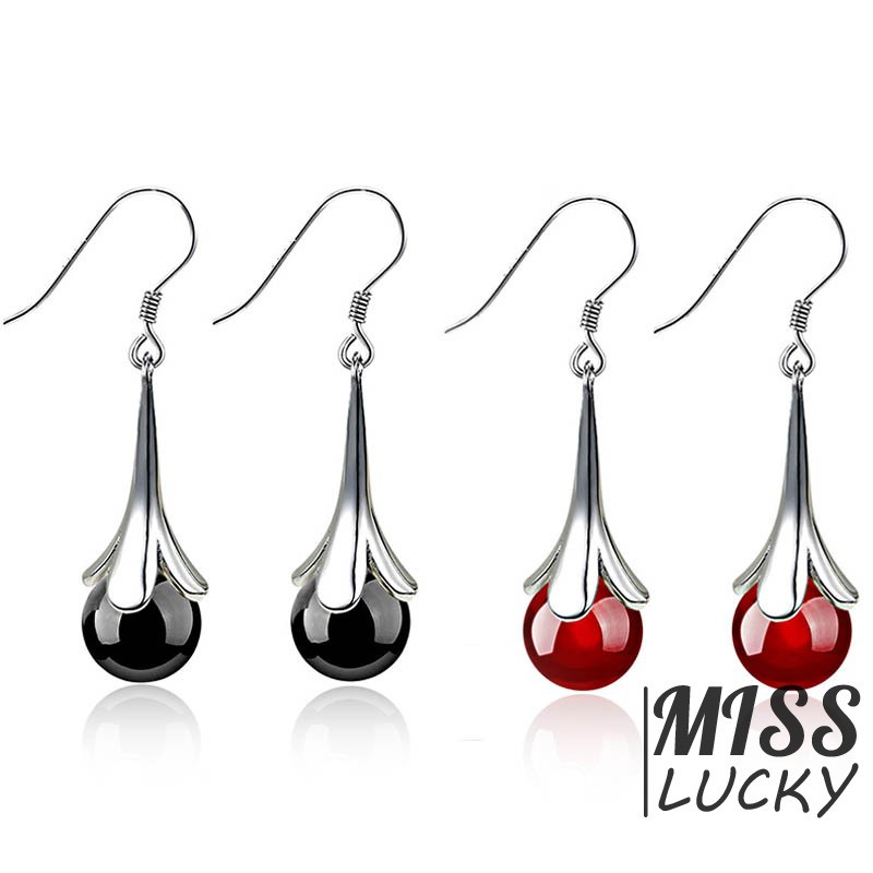 Đôi khuyên tai kích thước 35*8cm trang trí hoa đính ngọc màu đen / đỏ xinh xắn cho cô dâu