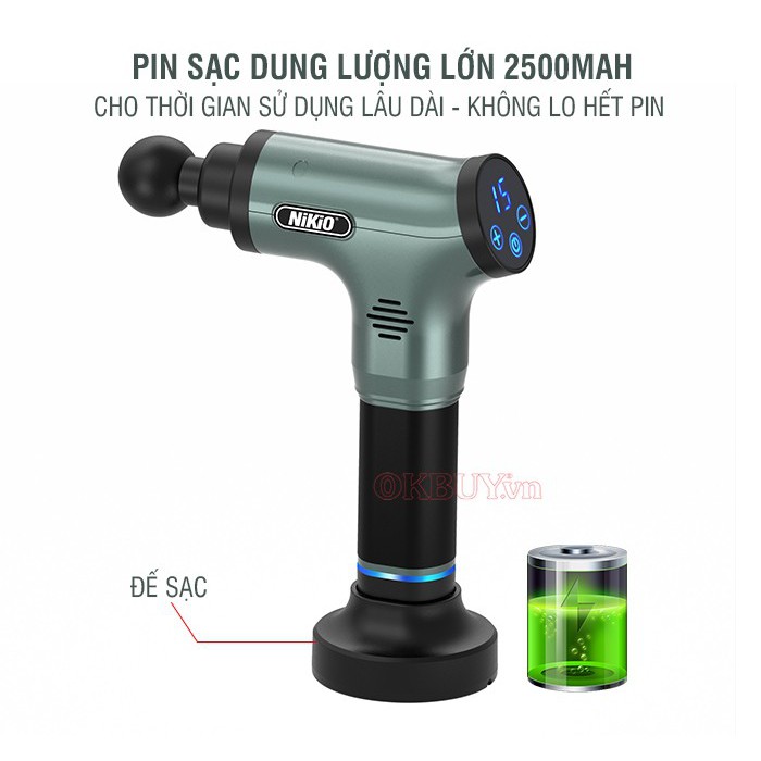 Súng massage gun trị đau nhức căng cơ cao cấp NIKIO NK-172 - 110W, xanh rêu