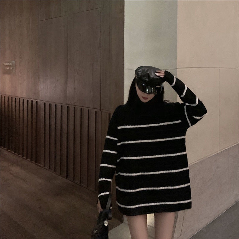 Áo Sweater Dệt Kim Cổ Lọ Dáng Rộng Kẻ Sọc Kiểu Hàn Quốc Xinh Xắn Cho Nữ