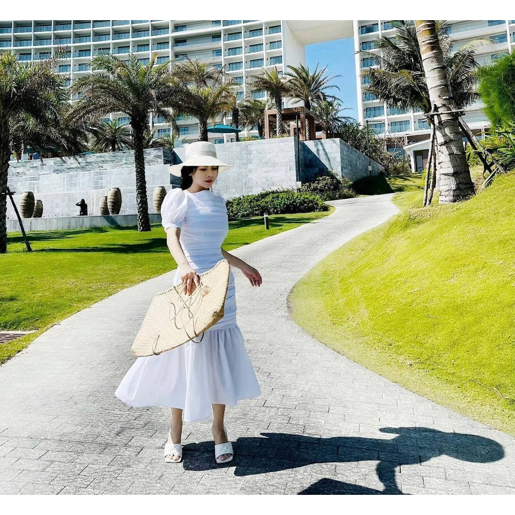 Đầm Xếp Ly Thân Tay Bồng Cổ Ngang MORI, maxi sang chảnh đi tiệc dạo phố TN1370 | BigBuy360 - bigbuy360.vn