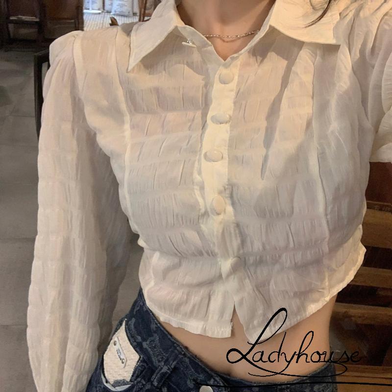 Áo croptop tay phồng dài hở lưng màu sắc đơn giản dành cho nữ