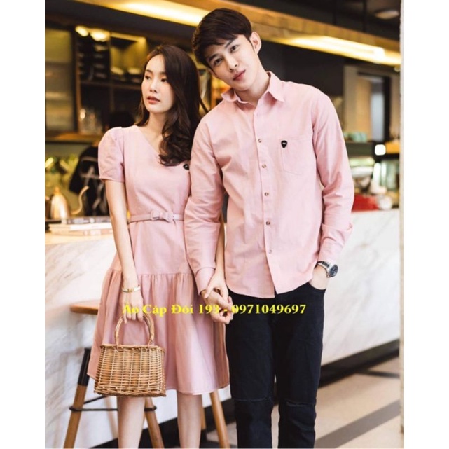 Đồ đôi nam nữ sơ mi dự tiệc, đi chơi, đồ đôi đi biển, váy áo đôi màu hồng chụp hình cưới Hàn Quốc .