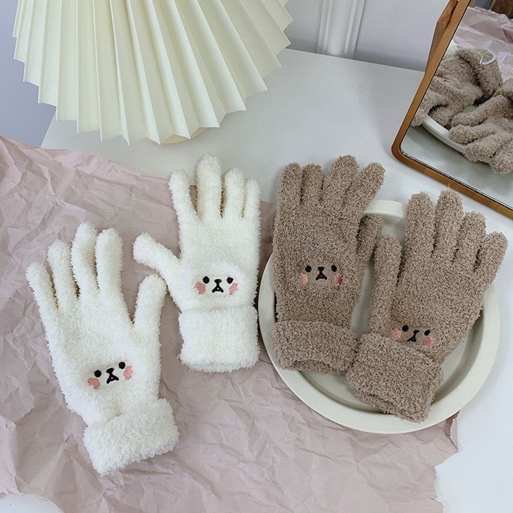 Găng tay nhung dệt kim hở ngón hình mặt cười dễ thương mềm mại cho nữ