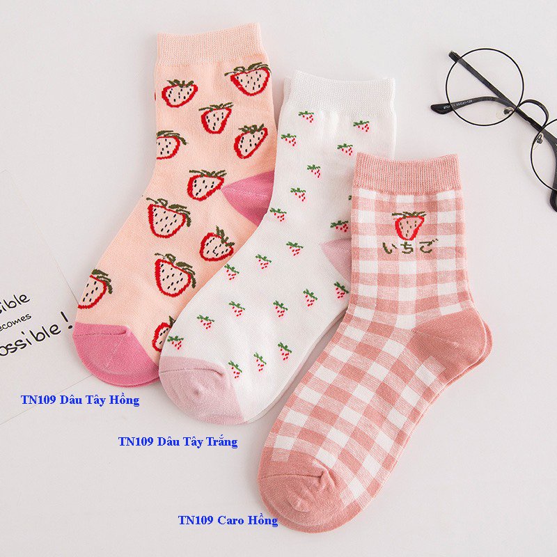 Set 3 đôi tất cổ caoBivota vớ họa tiết dâu tây hồng cực xịnh T107