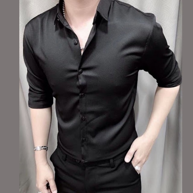 Áo sơ mi nam kiểu body Hàn Quốc tay dài dạng công sở cao cấp đẹp vải lụa trắng đen xanh xám SMD05 | BigBuy360 - bigbuy360.vn