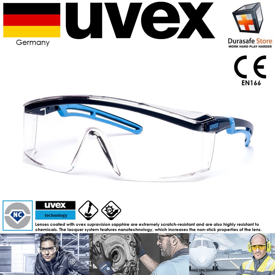 Kính Bảo Hộ UVEX 9164065 Astrospec 2.0 gọng Xanh Clear Optidur NCH Len - Chống Xước, Chống Hóa Chất Cao Cấp (kèm hộp)