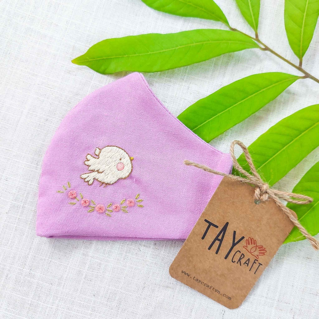 Khẩu trang linen thêu tay họa tiết động vật dễ thương (có nút tăng giảm dây)