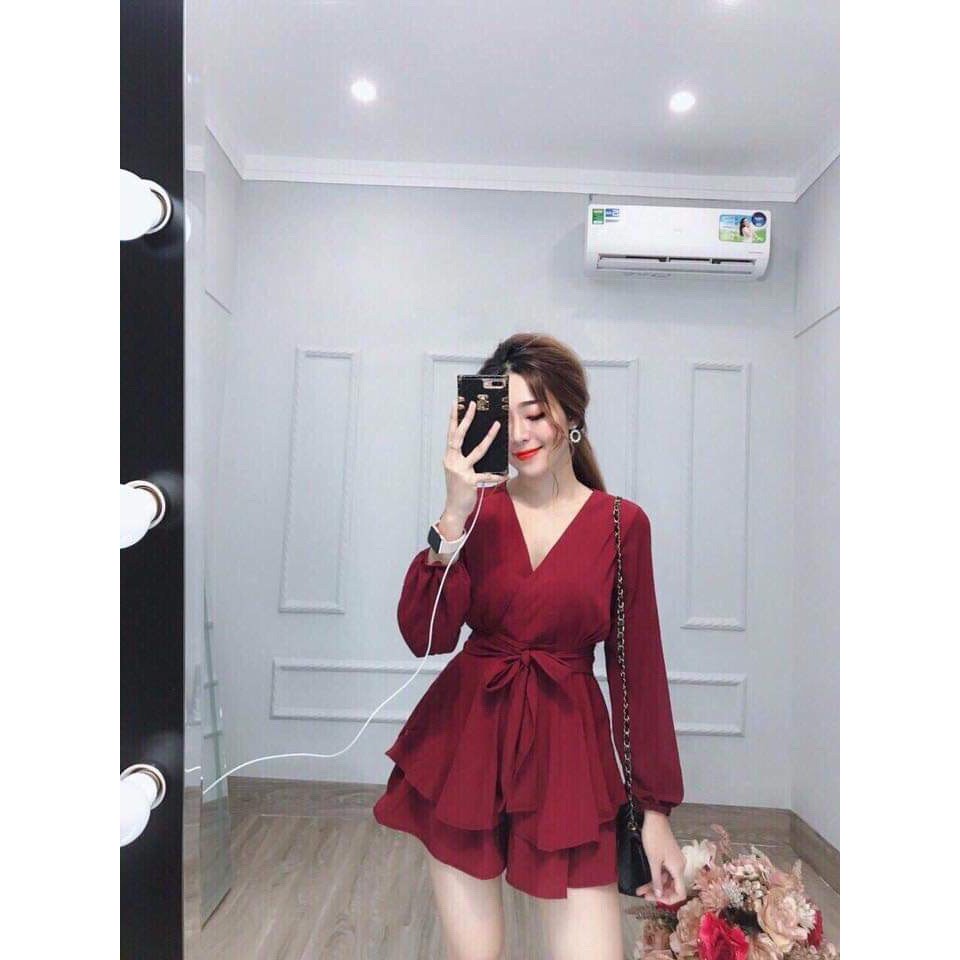 Đầm nữ cổ V thắt nơ nịnh eo 2 tầng vải dày dặn mềm mịn | BigBuy360 - bigbuy360.vn