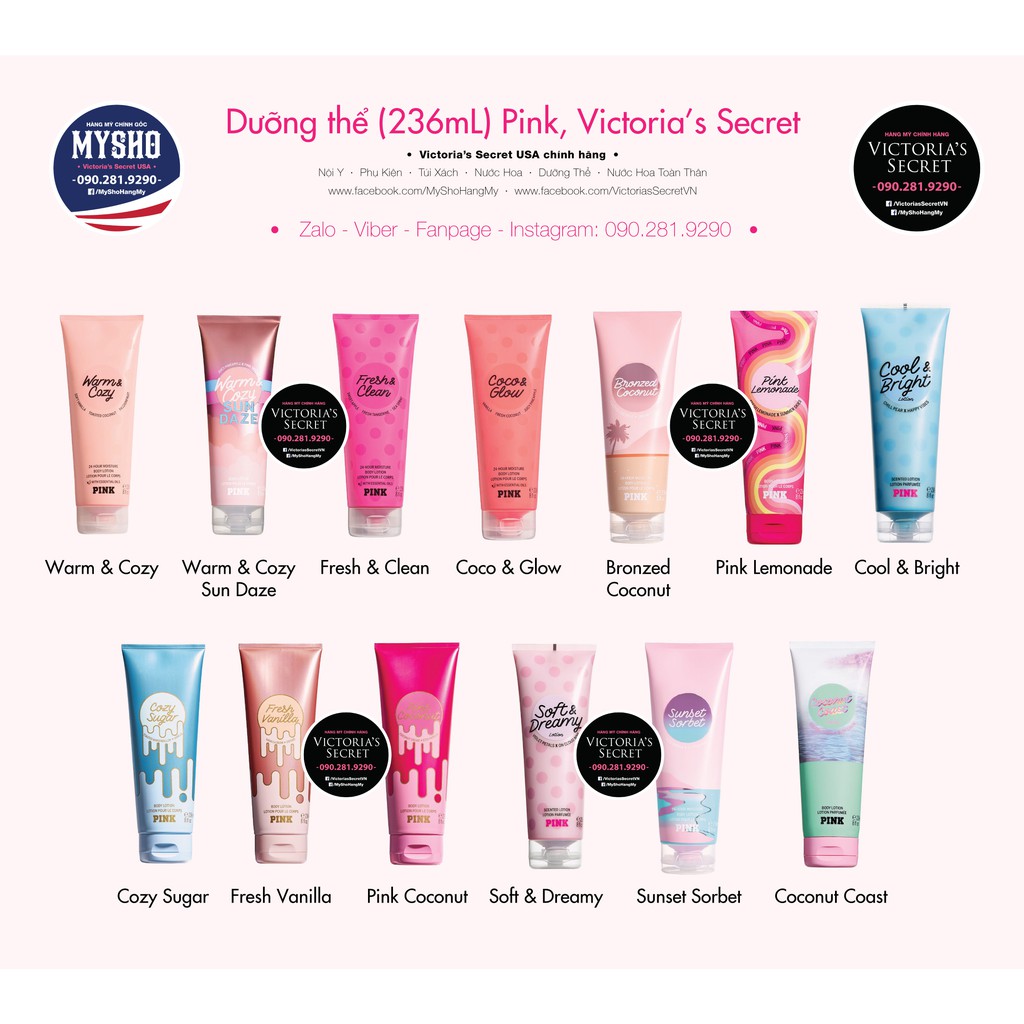 Lotion dưỡng thể Warm Cozy, Fresh Clean, Coco Glow, Gumdrop The Beat, Mango, Pink Lemonade, Cool & Bright 236m