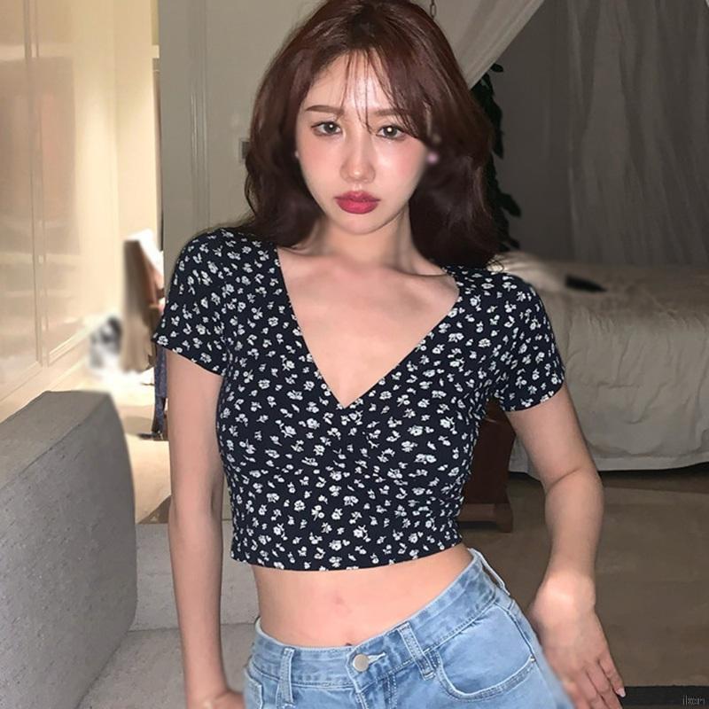 Áo Croptop Nữ Ngắn Tay Họa Tiết Hoa Phong Cách Hàn Quốc Gợi Cảm