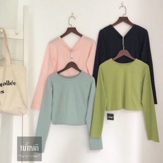 Áo croptop cotton co dãn cổ tròn dài tay