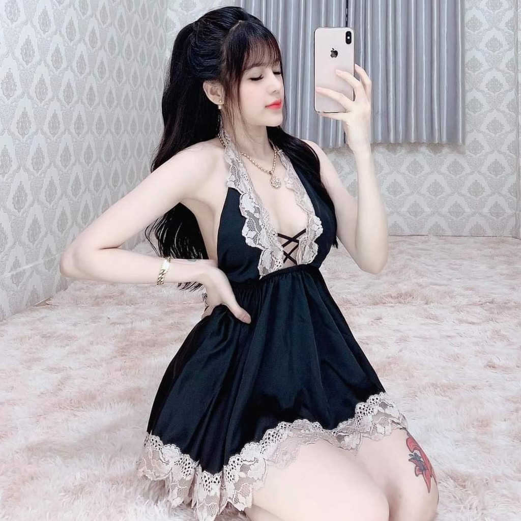 Váy ngủ sexy ❣️FREE SHIP❣️Váy ngủ sexy yếm kèm quần vải vatin <60kg | BigBuy360 - bigbuy360.vn