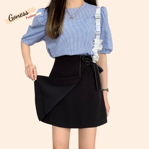 Chân váy chữ a trơn chỉ nổi có nơ buộc dáng ngắn nữ eo cao phong cách Hàn Quốc Goness CV20 | BigBuy360 - bigbuy360.vn