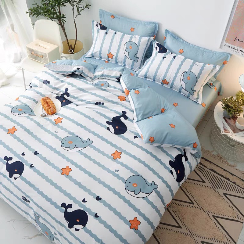 Bộ chăn ga gối Cotton Poly Decor Bedding phong cách Hàn Quốc Drap giường cotton (không kèm ruột) - PL Cá Heo