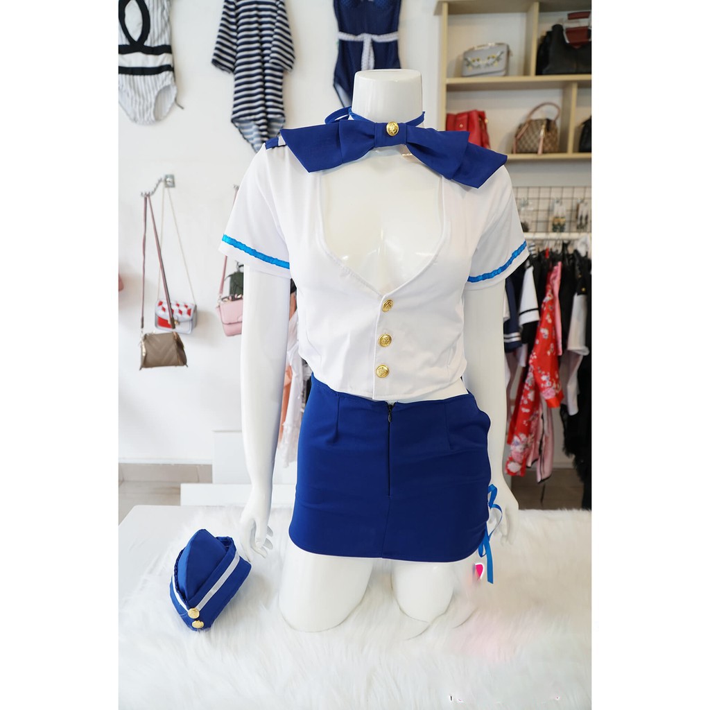 (Đủ size) Đồ ngủ cosplay nữ tiếp viên kèm nón và nơ Blue TV002