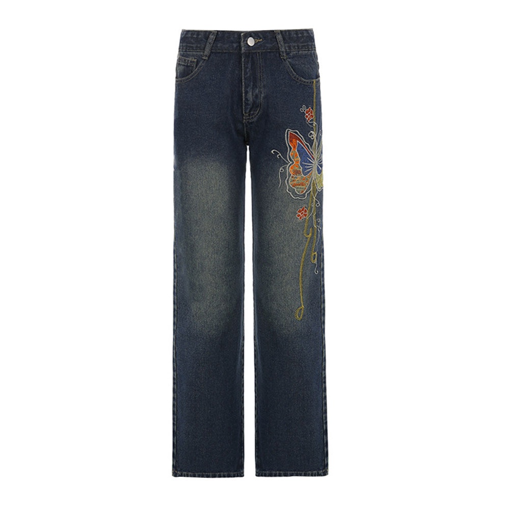 Quần Jeans Baggy Y2K Lưng Thấp Có Túi In Họa Tiết Bướm Retro Cho Nữ