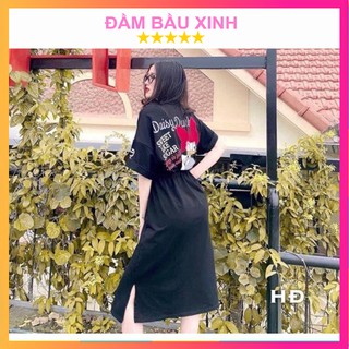 Đầm Dáng Dài Rút Dây Eo Che Bụng Váy Form Rộng Chất Vải Thun Cotton